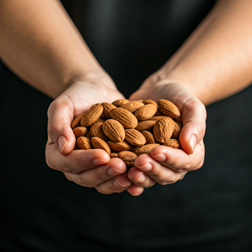Hands holding a pile of fresh almonds
