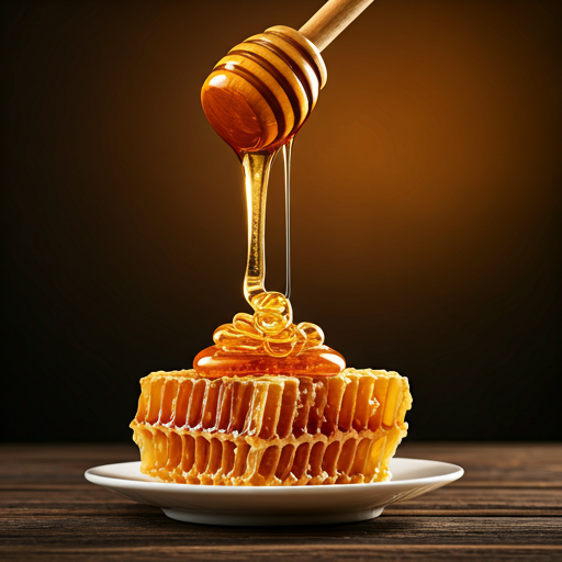 Golden honey flowing over a honeycomb